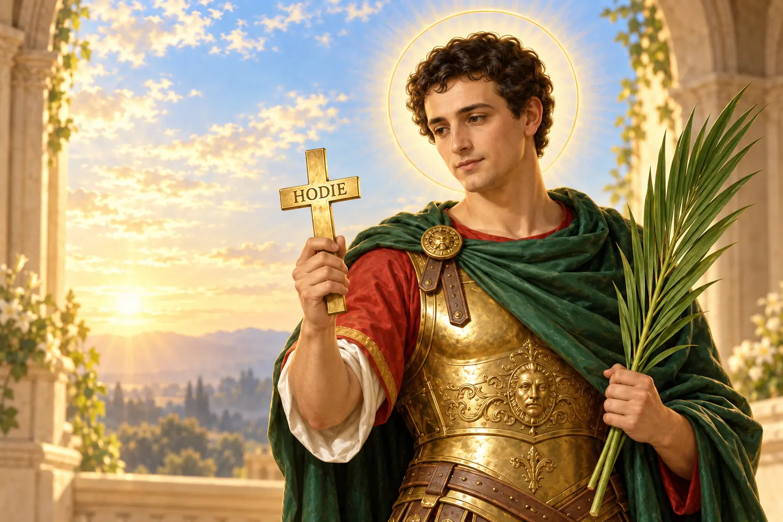 San Expedito con la cruz HODIE y una palma bajo una luz celestial